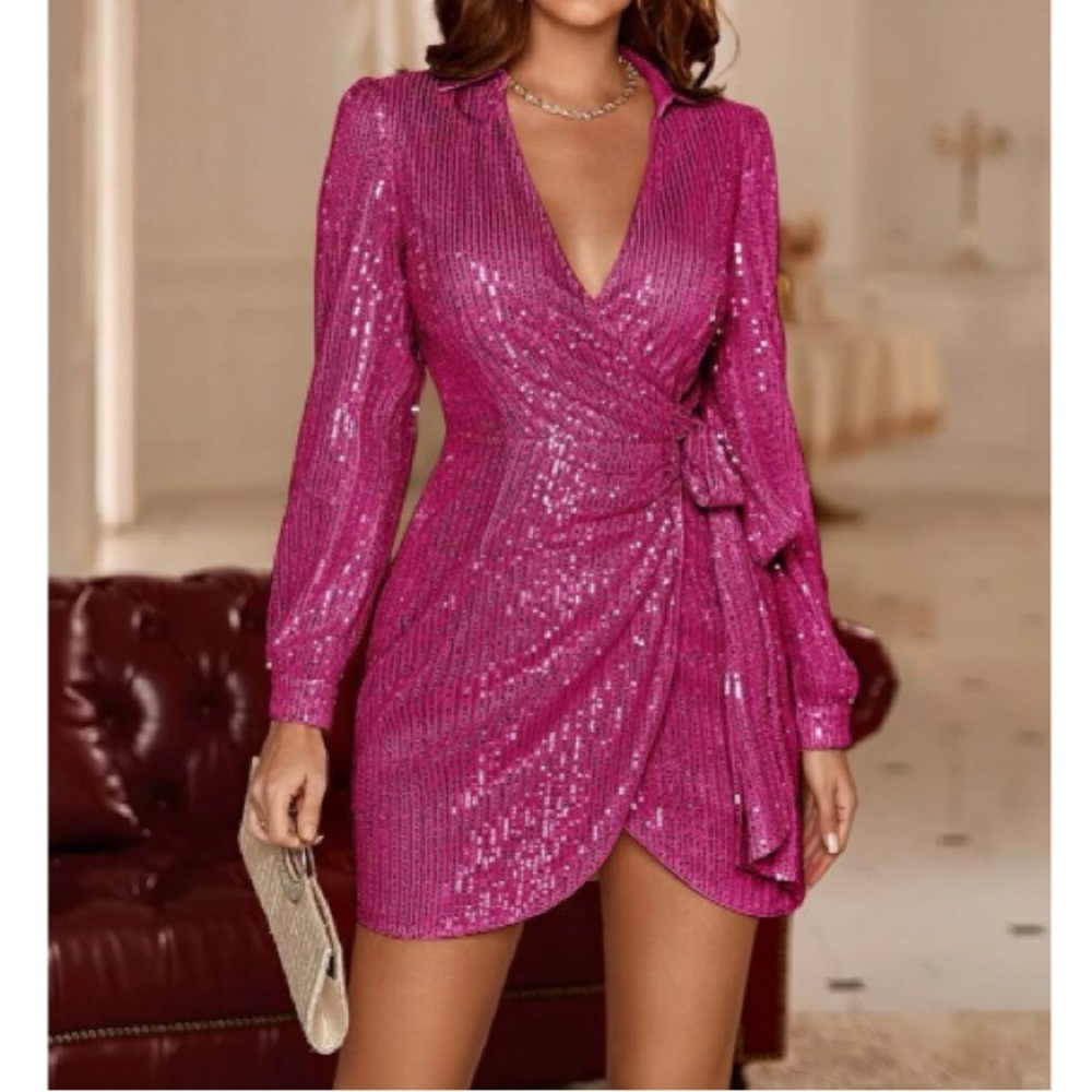 Luxe pink sequin knot side party holidays formal evening mini dress